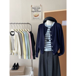 日韩系复古假两件套条纹针织开衫女春夏法式轻薄外套休闲百搭上衣