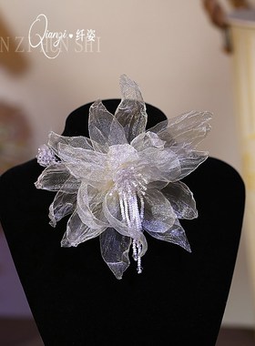 超仙手工水晶串珠纱花朵颈链新娘项链甜美婚纱礼服锁骨链样片配饰