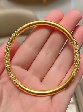 正品金包银古法唐草纹手镯女爆款卷草纹素圈实心镯首饰送妈妈礼物