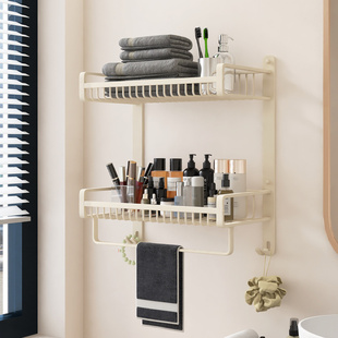 奶油风浴巾架置物架免打孔厕所双层网篮卫生间架子浴室毛巾架壁挂