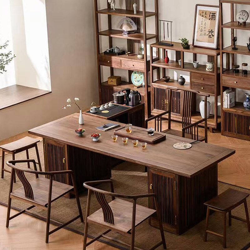 新中式茶室空间实木茶桌茶台简约禅意中式黑胡桃木茶楼民宿茶几