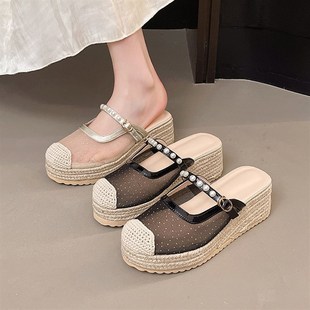 网纱高跟松糕包头凉拖鞋 2025渔夫厚底半拖新款 女夏外穿 手工鞋