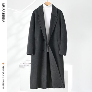 过膝宽松西装 双面绵羊绒大衣男韩版 领羊毛呢子风衣外套 长款 秋冬季