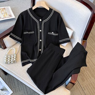 女装 中年大码 胖妈妈套装 短袖 两件套 夏装 针织上衣高腰阔腿长裤 新款