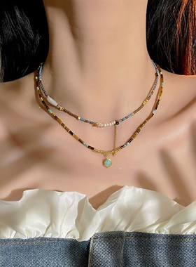 十里间【彩斑】文艺淡水珍珠民族风彩色天然石串珠项链双层锁骨链