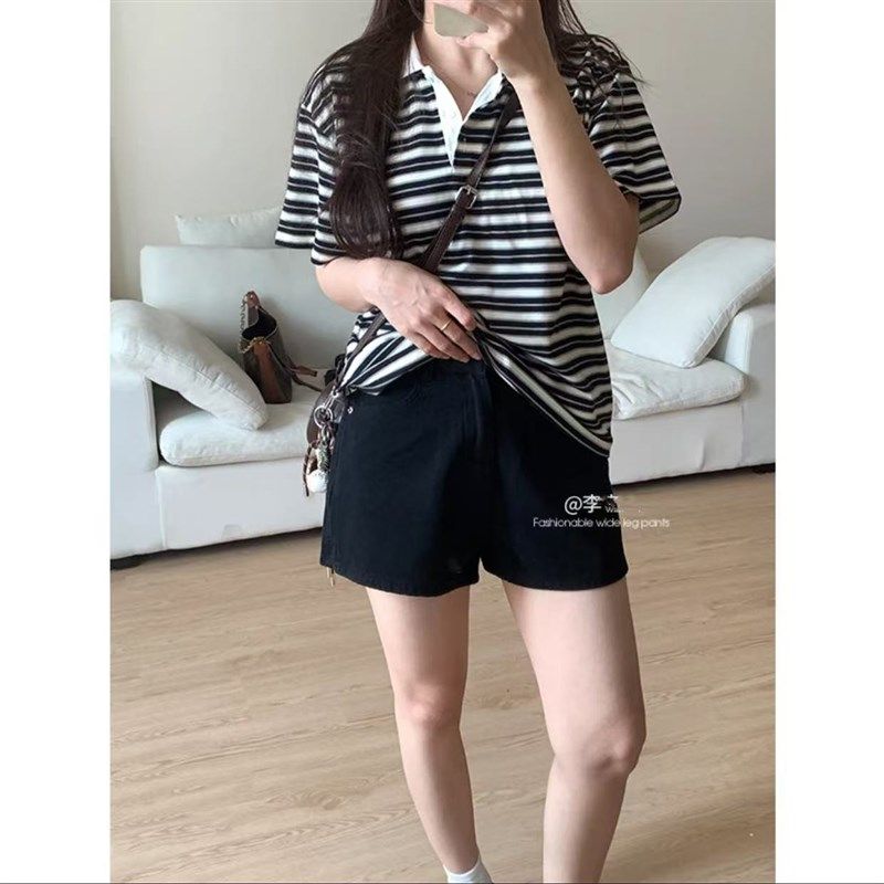 黑色阔腿高腰牛仔短裤女2025夏新款设计感显瘦百搭休闲A字热裤子
