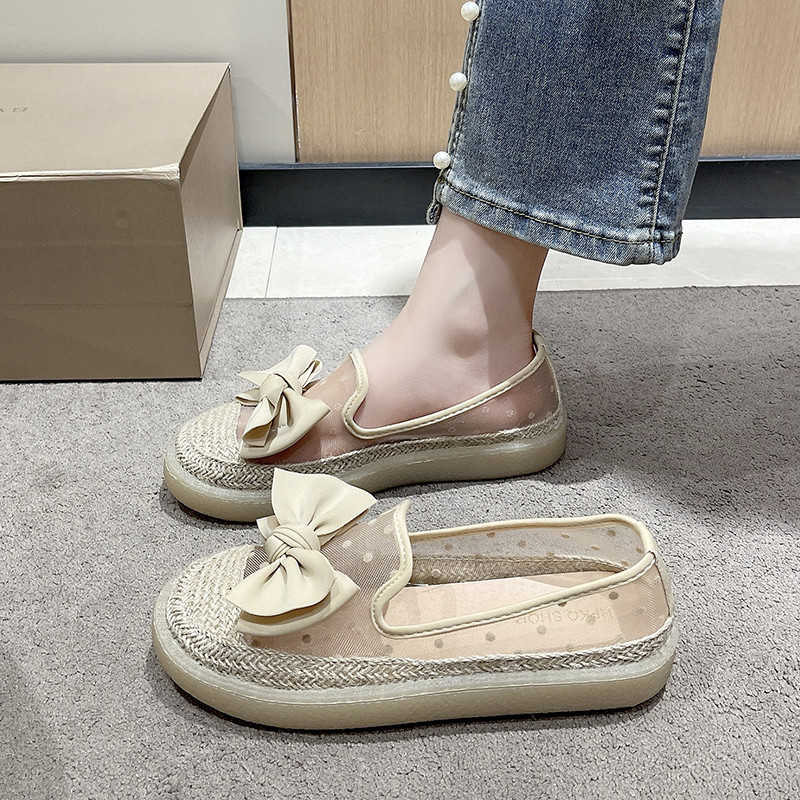 厚底豆豆鞋子女2025春夏季新款网纱透气渔夫鞋一脚蹬平底单鞋网面