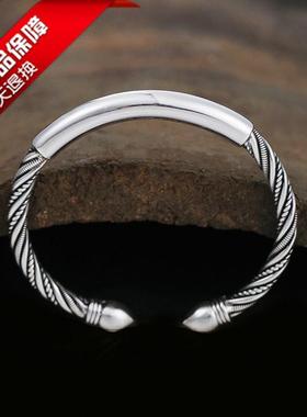 999纯银手镯女简约麻花光面实心手环 开口复古民族风银镯子送女友