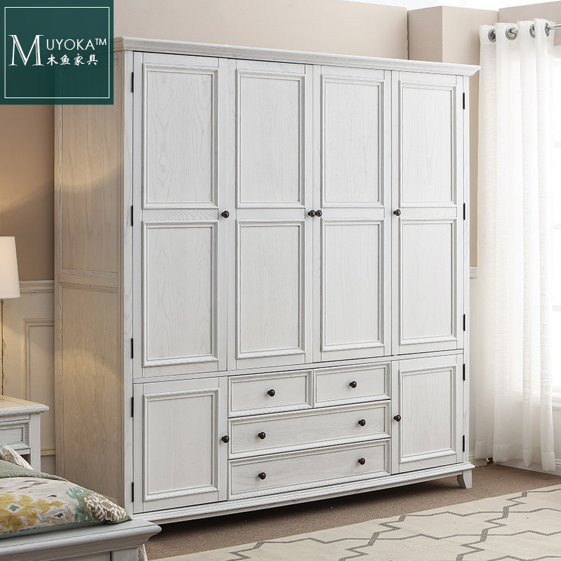 美式乡村实木四门衣柜木鱼家具白蜡木大衣柜美式衣柜顶柜白色实木,住宅家具,独立衣柜,淘宝优惠券,粉丝福利购,淘宝优惠卷