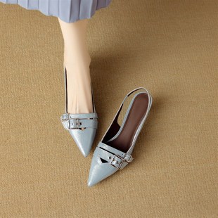 简约~手工制作真皮包头凉鞋女中跟细跟尖头皮带扣后绊带蓝色40码