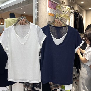 里安 韩版V领设计感短袖上衣假两件洋气休闲百搭夏季时尚修身T恤