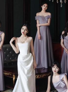 伴娘服女缎面紫色日常可穿姐妹团礼服合唱表演主持人晚礼服裙冬季