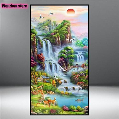 新款山水风景钻石画点钻十字绣手工砖石绣