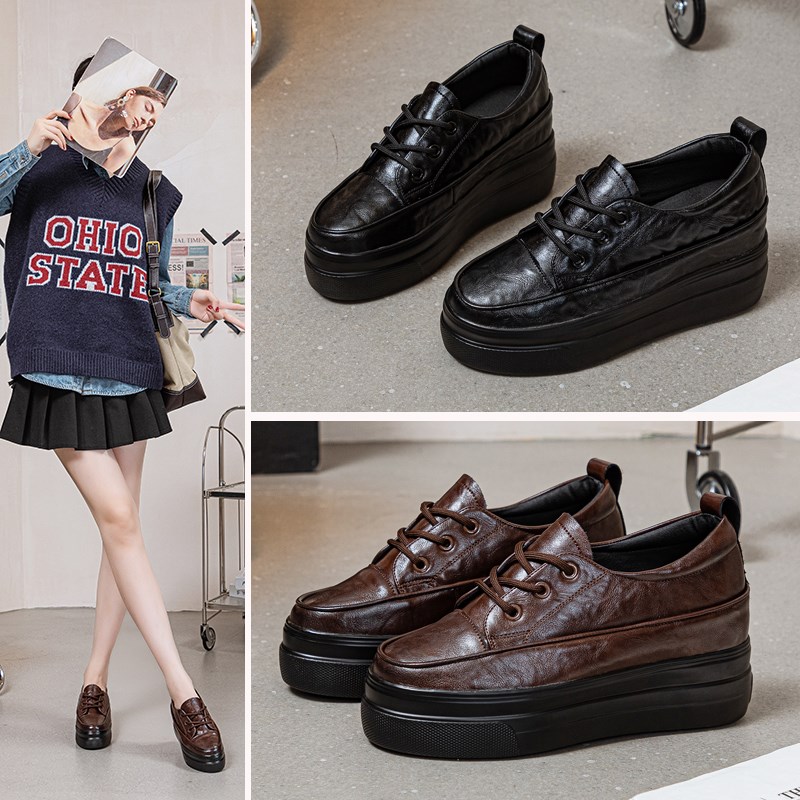 真皮厚底英伦风小皮鞋女秋季新款百搭6cm休闲单T鞋百搭内增高女鞋