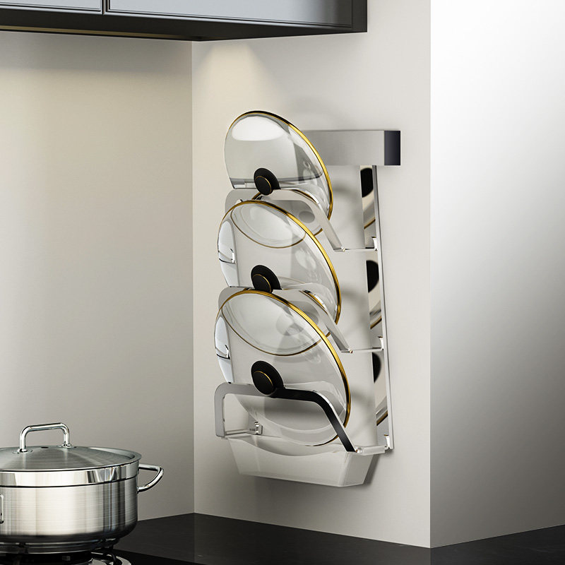 锅盖架壁挂式厨房免打孔置物架神器E收纳架子放带接水盘菜板砧板