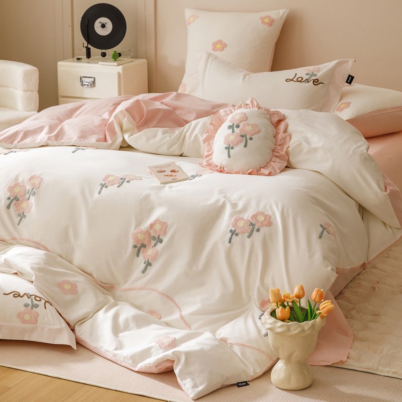 韩式小花纯棉毛巾绣花四件套美式田园D风全棉18米床单2米床上用