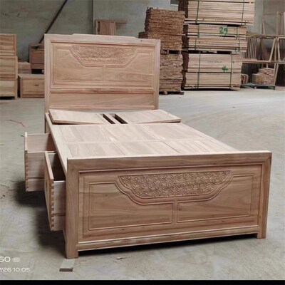 120实木床双人床主卧婚床家具储物雕花中式简约床白坯高箱抽屉