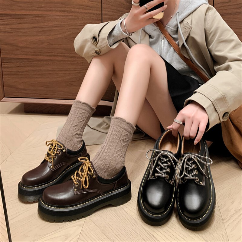 厚底松糕大头圆头系带小皮鞋202E5手工文艺复古真皮牛皮单鞋