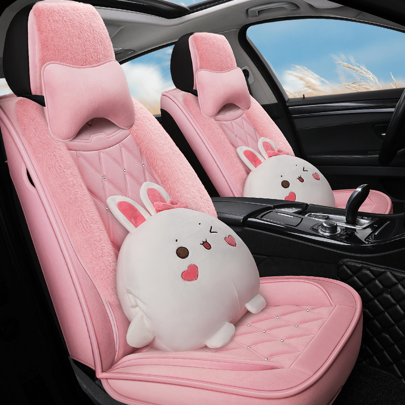 冬季汽车坐垫保暖羽绒座套卡通网红可爱女神新款短毛绒全包围座套
