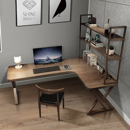实木转角书桌书架一体小型家用简约现代卧室靠墙L型台式电脑桌子