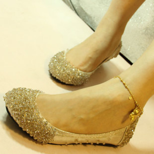 瓢鞋 金色新娘鞋 公主船 平跟V鞋 平底鞋 2024满钻单鞋 女水钻串珠婚鞋