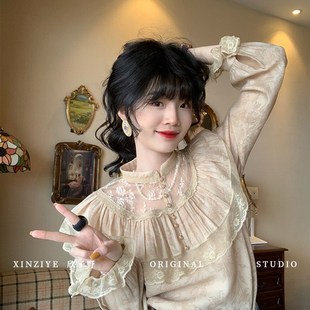 欣子野【江南河畔】早春新款经典复古港风气质S显瘦拼接蕾丝衬衫