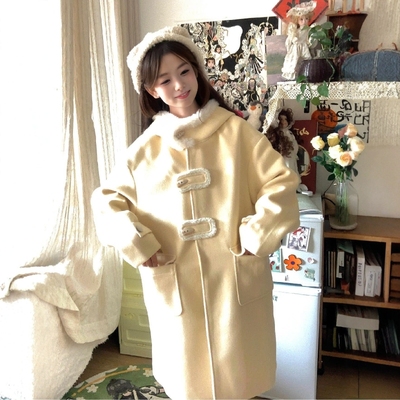 圣诞新年连帽牛角扣中长毛呢大衣