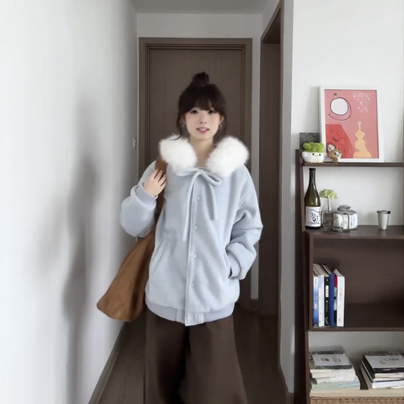 蝴蝶结绑带蓝色气质大毛领外套