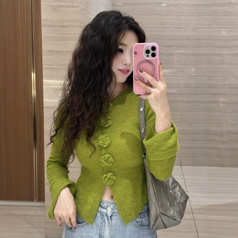 法式立体花朵绿色针织衫女春夏季简约款长袖修身显瘦设计感毛衣女,女装/女士精品,毛针织衫,淘宝优惠券,粉丝福利购,淘宝优惠卷