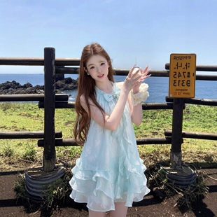 甜美风无袖款连衣裙女2026夏季小清新薄荷绿荷叶边层叠短裙度假风