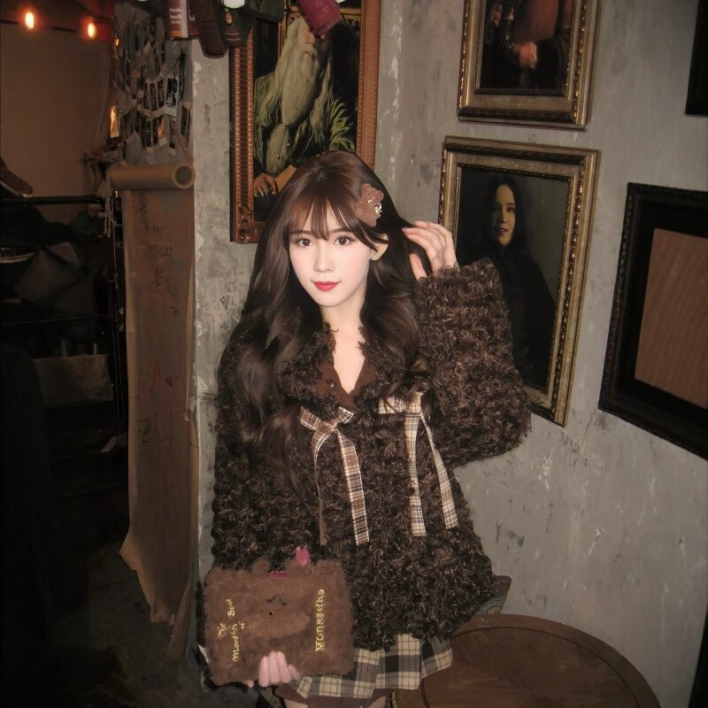 美拉德可爱风卷毛短款棉服女秋冬小个子设计感宽松蝴蝶结毛绒外套