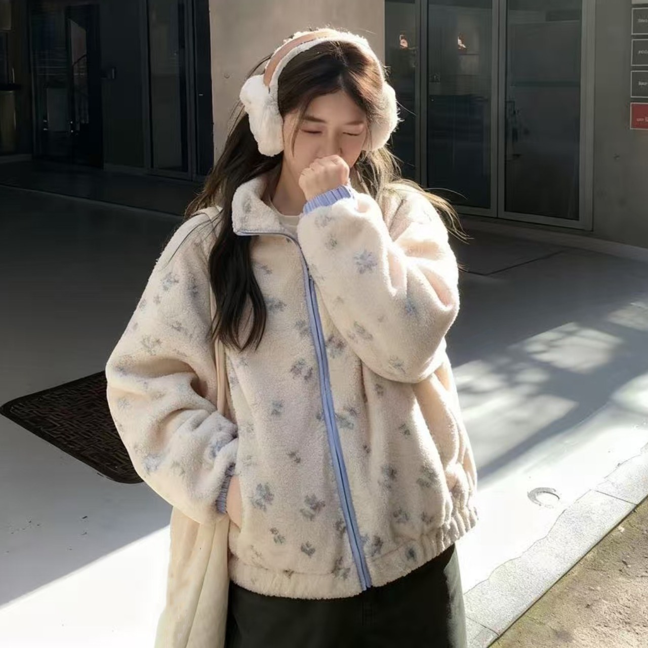 韩版温柔风碎花羊羔毛短外套