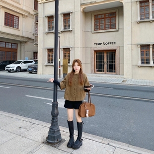 日韩风宽松短款呢子复古风大衣女春季休闲简约小外套咖色无领夹克