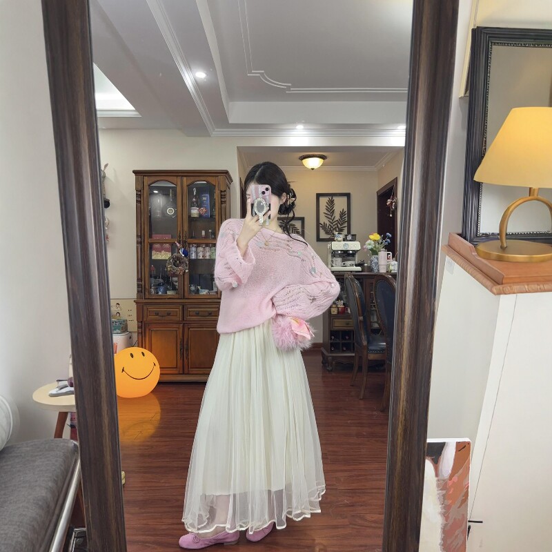 温柔风粉色镂空毛衣网纱半身裙两件套女2026秋季仙女套装时髦套装