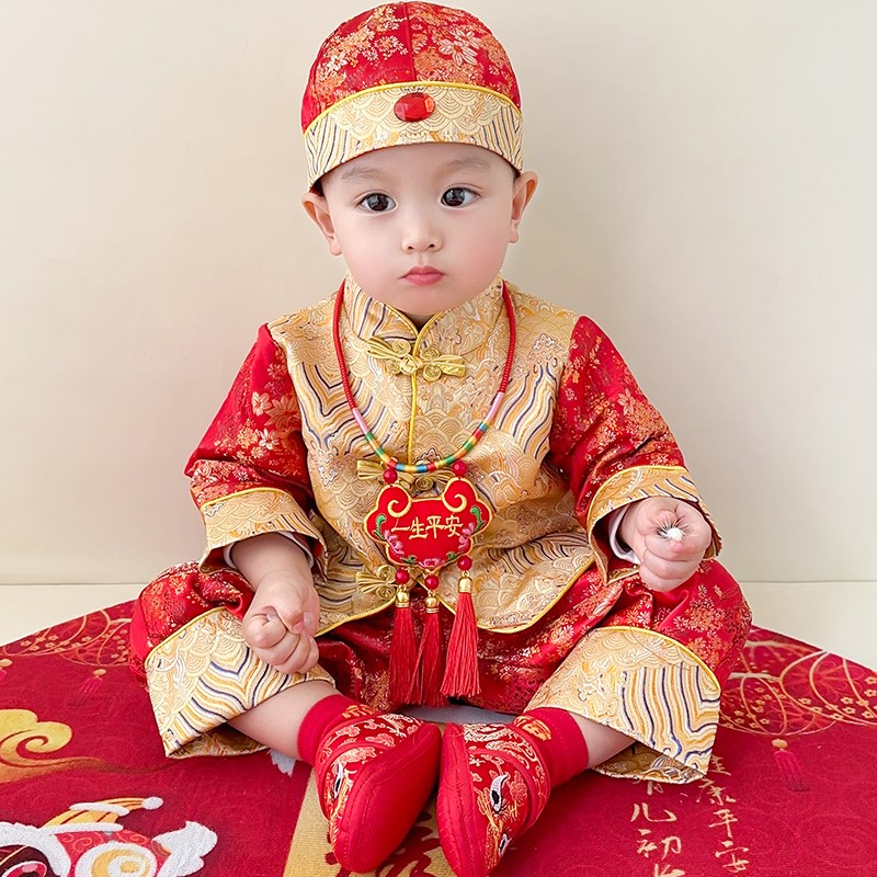 一周岁礼服男宝宝春秋女婴儿百天生日宴抓周礼服儿童国风唐装冠衣