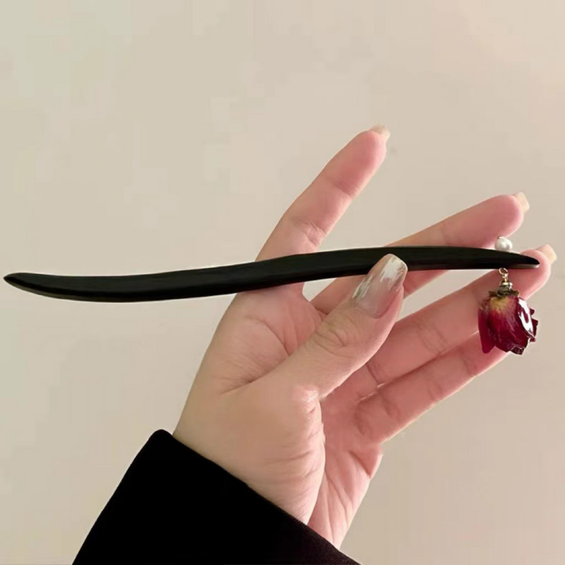 新中式干枯玫瑰黑木质发簪盘发簪子仙气质温柔古风发钗子发饰头饰
