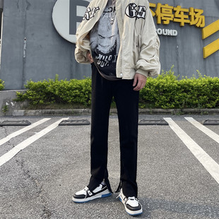 2023休闲新款 男 高街百搭黑色fog侧拉链直筒宽松弹力显瘦长裤