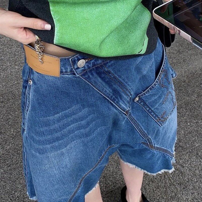 美式复古小众设计牛仔短裤女款夏季新款辣妹不规则口袋毛边五分裤
