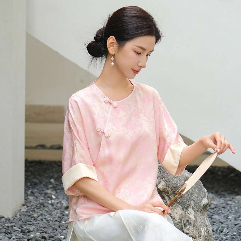 春季汉服女中国风新款新中式禅茶服上衣改良唐装圆领盘扣人丝提花