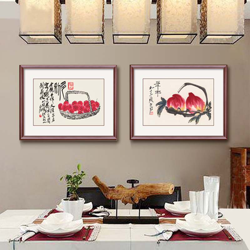 齐白石餐厅装饰画中式厨房挂画客厅背景墙壁画水果画荔枝寿桃国画