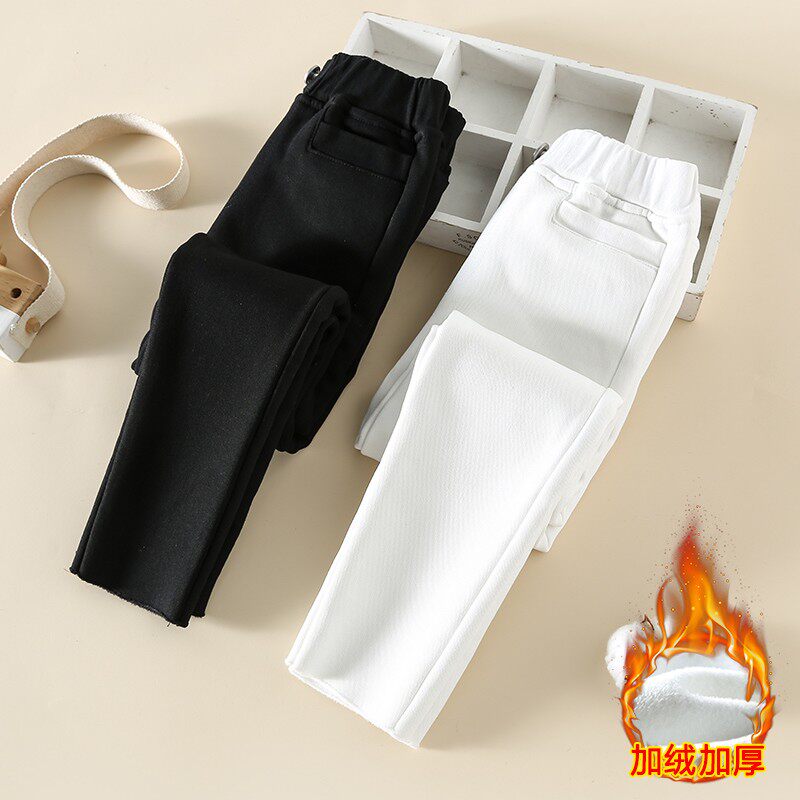 女童加绒裤子冬儿童弹力魔术小脚铅笔打底裤一体绒白色牛仔裤洋气