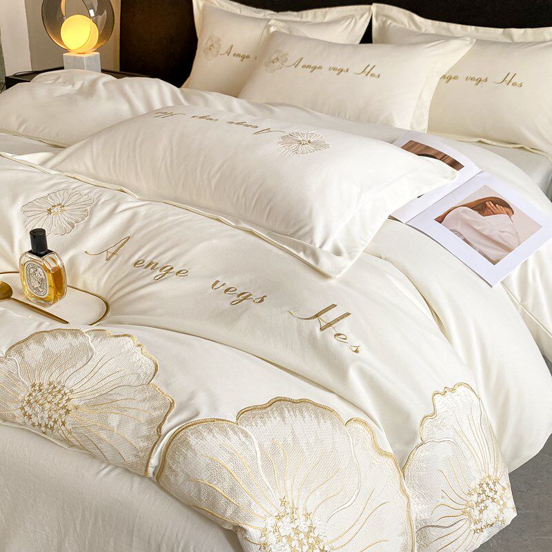 纯棉全棉四件套绣花被套纯色床单床笠防滑处理亲肤床品居家三件套