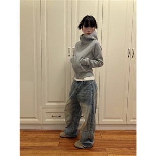 2024灰色短款 美式 连帽卫衣女早秋新款 显瘦长袖 拉链外套 修身 F383