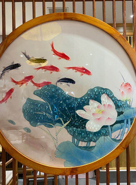 新中式中国风木裱框圆形双面画屏风玄关画挂画装饰画实木框晶瓷画