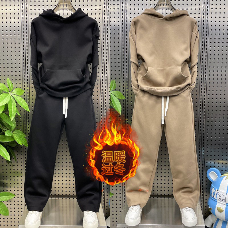 秋冬款加绒加厚套装男士连帽卫衣情侣款百搭运动纯色休闲两件套男