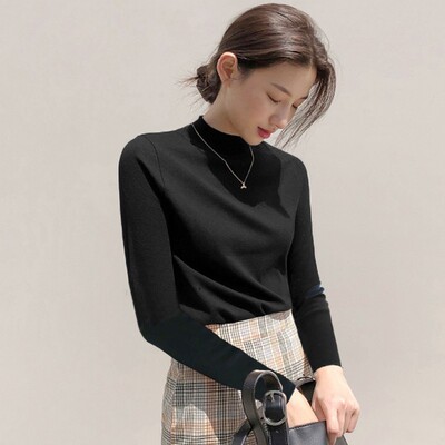 2021秋冬新品半高领打底衫女黑色紧身洋气内搭中领针织衫修身毛衣