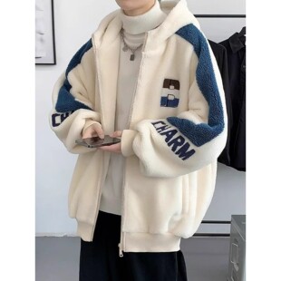 高级感羊羔毛绒外套男棉服套装冬季加绒加厚连帽初高中大学生棉衣