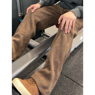 麦穗纹美式咖色裤子男款秋冬美拉德加绒直筒卫裤健身运动休闲长裤