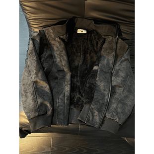 美式雾面扎染羊羔绒外套男冬季加绒加厚夹克棉服立领PU皮机车皮衣