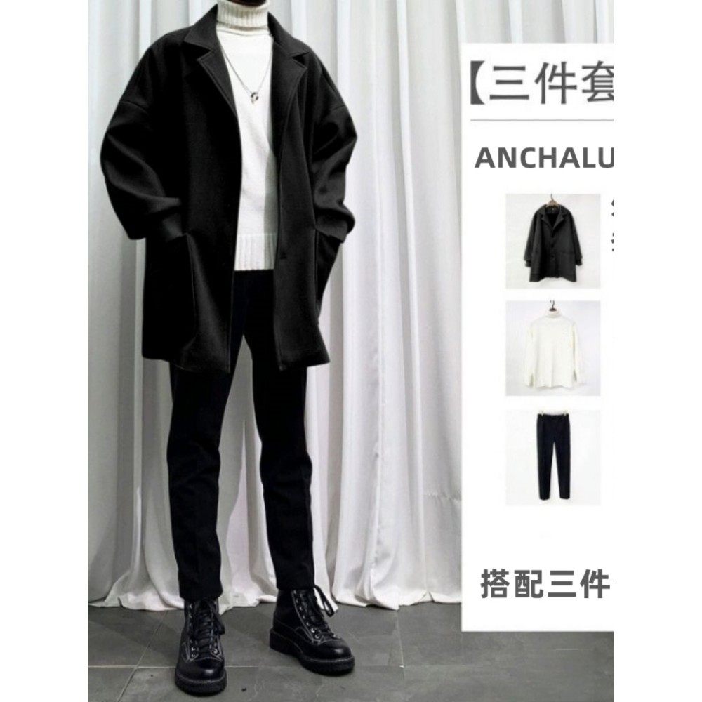 毛呢大衣套装男士休闲春秋季外套潮流春装男装一整套搭配帅气风衣